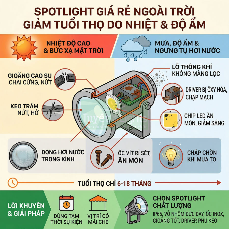 Infographic spotlight giá rẻ ngoài trời bị hư hỏng do nhiệt độ cao, độ ẩm và nước mưa, khuyến nghị chọn đèn chất lượng